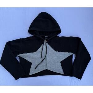 Social Collision Star Print Cropped Zip Hoodie Womens L Y2K Black Gray